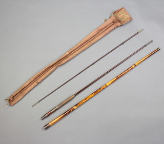 A Farlows of London early 3 piece trout fishing rod with 2 tips, contained in a bamboo tip case and correct red terracotta cloth bag 