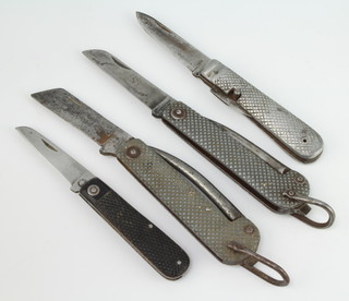 A Rogers military issue folding knife with marlin spike, the blade marked Rogers 21306, 1 other by Harrison Brothers, a similar knife by Legn & Co and a single bladed folding knife marked Sheffield and with crosshatched grip 
