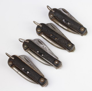 Four A.B.L military style folding knives with marlin spike, knife and tin opener, the blades marked A.B.L 1950 and 1951 and Colasse 