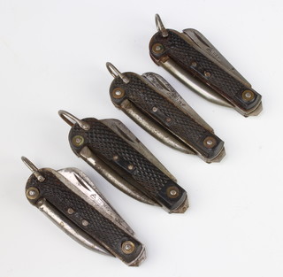 Four A.B.L military style folding knives with marlin spike, knife and tin opener, the blades marked A.B.L 1950 and 1951 and Colasse