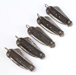 Five A.B.L. military style folding knives with marlin spike, knife and tin opener, the blades marked A.B.L, 1950, 1951 and Colasse