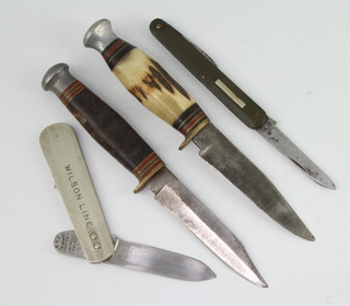 A Wilson Line advertising knife, the blade marked Albert Oates of Sheffield together with a folding twin bladed penknife marked AR and 2 small bowie knives by William Rogers 