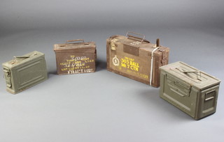 A 303 wooden and metal bound ammunition box, a metal ammunition box and 2 American metal ammunition boxes 
