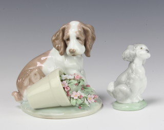 A Lladro figure of a dog beside a fallen flower pot for The Collector's Society 1998 no.7672 10cm, together with a ditty of a puppy for the Lladro Society 2000 6cm 