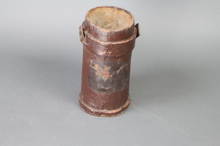 A cylindrical cordite carrier with leather handle 41cm h x 18cm diam. 