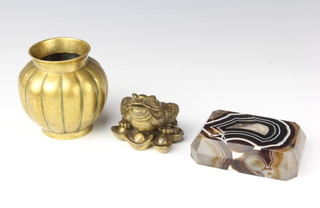 An Art Deco rectangular faceted veined marble paperweight 2cm x 10cm x 6cm, a Chinese polished bronze melon shaped vase 9cm x 5cm, a Chinese style bronze figure of a seated toad 4cm x 7cm 
