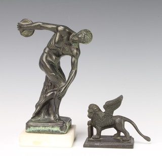 A bronze figure of the St Mark's Lion 8cm x 10cm x 4.5cm together with a metal figure (after the antique) of the discus thrower raised on a marble base 20cm x 8cm x 7cm 