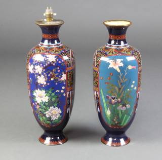 A pair of 19th Century blue ground and floral patterned Japanese cloisonne enamelled vases decorated birds 37cm x 18cm