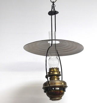 A hanging gilt metal Sherwoods oil lamp complete with shade 84cm x 40cm 
