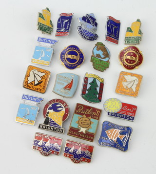 18 Butlins enamelled badges - Clacton 1948, 1951, 1956,  Brighton 1955, 1960 (x2), 1961 (x2), 1962 (x2), 1963 (x2), 1965, 1966, 1967 (x2),  Bognor Regis 1965, Xmas 1965, together with  a Clacton Derby and Joan Club badge  and a Beddington and Wallington OPC badge 
