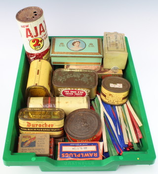 A tin of Socra medium red (silver salmon), a packet of Epsom Salts, a packet of META - the original safe solid fuel, a carton of Ajax and other packaging etc 