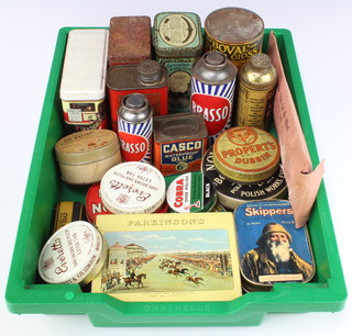 A tin of Casco waterproof glue, a tin of Cash pistol oil, a tin of Walker's foot powder, a tin of Propert's Dubbing, a metal collapsible stick for the blind no.9495 and other tins etc