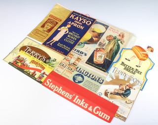 A cardboard sign for Kayso Ideal Apron 31cm x 16cm, a Butternut bread sign and other items of card advertising  