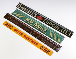 4 enamelled advertising shelf signs - Rowntrees Chocolate Makers to HM The King, HP Sauce, McVitie and Price biscuits and Dunlop Cycle Patches 