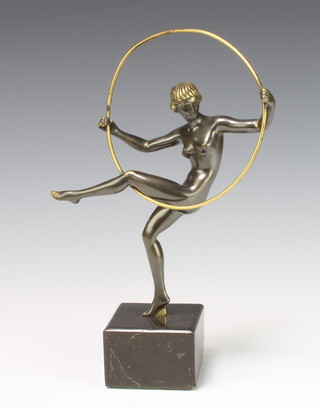 An Art Deco style bronze figure of a standing girl with hoop raised on a square marble base 28cm x 7cm x 7cm 