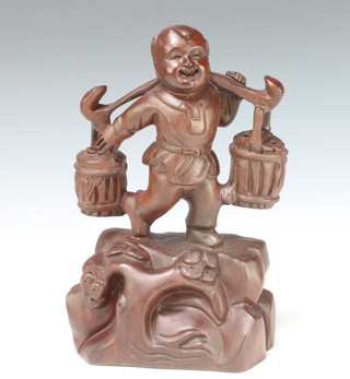 A Chinese carved hardwood figure of a walking man with yoke and 2 buckets 32cm x 18cm x 10cm 