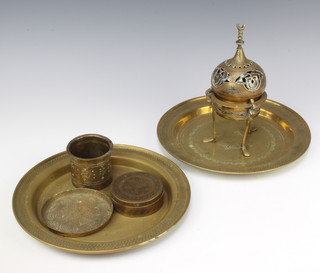 A circular Eastern pierced brass and white metal censer 21cm x 7cm on outswept supports, 2 Eastern brass chargers 25cm, a small vase, ditto jar and cover and dish 