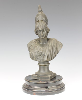 A Victorian spelter head and shoulders portrait bust of Britannia 31cm, raised on a square base and with an associated porcelain base 