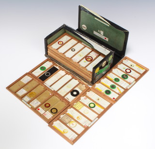A boxed collection of 53 Polariscope microscope slides, the lid marked Polariscope Leaf Hairs (Polar), contained in 11 shallow trays 