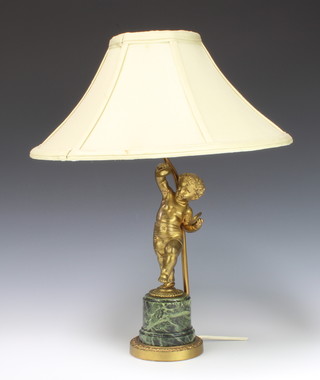 A gilt bronze table lamp in the form of standing cherub with cymbals raised on a green marble base 30cm h x 9cm diam. 