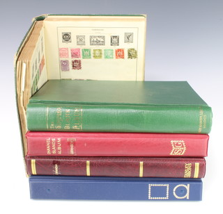 A 1930's green standard album of world stamps including GB, Victoria and later, Sweden, Spain, South Africa, Poland, Palestine, New Zealand, Italy, India, Germany, France, a green Simplex album of world stamps Poland, Hungary, GB, Finland, Czechoslovakia, a Stanley Gibbons album of mint and used Channel Island stamps, ditto mint and used Canadian 1991-2002 and an album of Cuban, Spanish