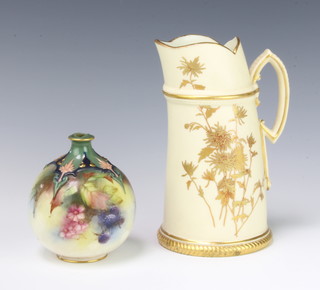 A Victorian Royal Worcester blush porcelain jug decorated with chrysanthemums 17cm, a Hadley's Worcester baluster vase decorated with blackberries 10cm 