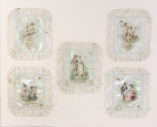 Five Victorian silk handkerchiefs printed with fete gallant and angels, 5 framed as 1 
