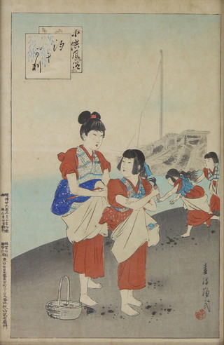 A 19th Century Japanese woodblock print of figures on a beach, signed, 34cm x 23cm 