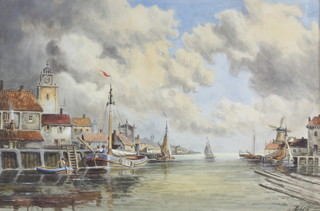 E Lett, watercolour signed, Dutch waterway scene with moored barges and buildings 39cm x 59cm, possibly an early pseudonym of Norris Fowler-Willett (1859-1924) who is better known as Louis Van Staaten