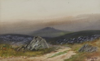 J Dunston 1910, watercolour, view of Dartmoor 13cm x 21cm 