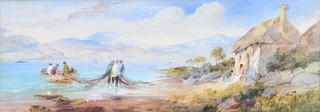 Edwardian watercolour unsigned, fishermen gathering their nets 13cm x 37cm 