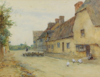 Ernest Albert Waterlow, RA, 1850-1919, watercolour signed, "Hemingford Gray" street scene with a shepherd and flock, a lady and geese 33cm x 43cm 