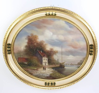 C Williams, oil painting on board oval, Dutch riverscape with figures, buildings and windmills 48cm x 58cm 