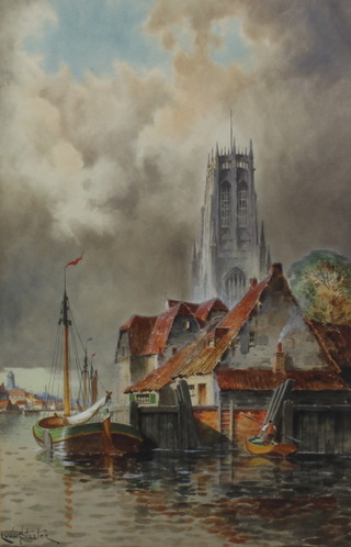 L Van Staaten (Norris Fowler Willatt), 1859 - 1924, watercolour signed Van Statten, Dutch canal scene with moored barge 57cm x 37cm 