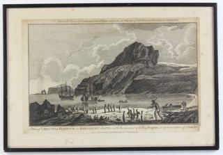 Taylor, engraving, "A view of Christmas Harbour in Kerguelen Island with the manner of killing penguins, a representation of a seal and C. Accurately engraved for Andersen's large folio edition of the whole of Captain Cook's voyages and complete" 24cm x 37cm 