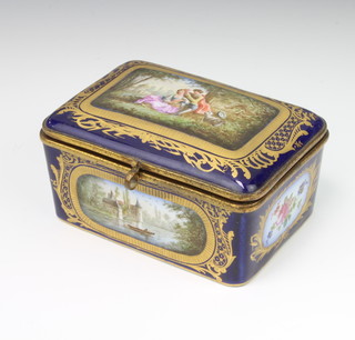 A Limoges rectangular gilt metal mounted trinket box decorated with fete gallant, floral and landscape views 13cm 