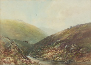 L Bate, watercolour, Dartmoor scene with cattle, 25cm x 36cm 