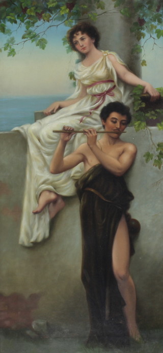 19th Century oil on canvas unsigned, study of classical figures, a semi-clad gentleman playing a flute with a robed lady sitting on a wall beneath a tree with distant sea, 68cm x 32cm  