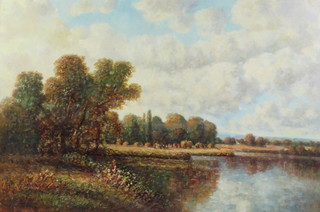 20th Century oil on canvas, a harvesting scene with distant buildings, indistinctly signed 50cm x 75cm 