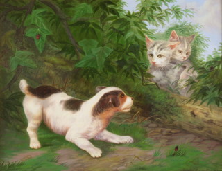 Denby Sweeting '93, oil on board, a puppy discovering 2 scared kittens, 28cm x 37cm 