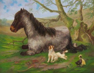 Denby Sweeting '93, oil on board, a pony with puppies and ducklings beside a tree, 29cm x 37cm 