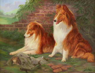 Denby Sweeting, oil on board, 2 collies with a kitten hiding beneath a blanket 29cm x 37cm 