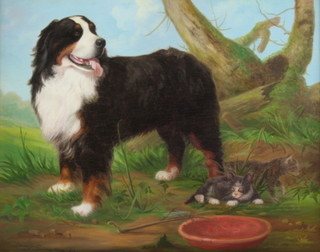 Denby Sweeting '93, oil on board, a Bernese Mountain dog standing beside 2 kittens 29cm x 36cm 