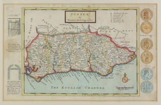 Herman Moll (1624-1732), a coloured map of Sussex 21cm x 33cm 