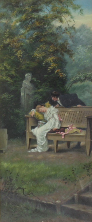 An Edwardian oil on painting on canvas, courting couple in a country garden, lady sitting on a bench with her beau leaning over, unsigned 52cm x 22cm 