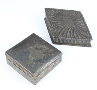 A Victorian repousse silver diamond shaped box London 1886 maker Charles Stuart Harris 14cm, 130 grams together with a silver square cigarette box, rubbed marks