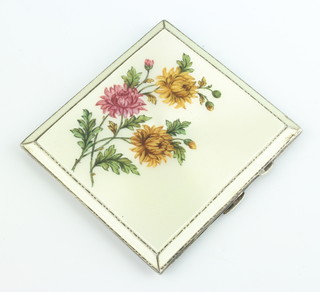 A lady's silver and guilloche enamel cigarette case, the champagne ground decorated with chrysanthemums 8.5cm x 8cm, Birmingham 1940, gross weight 124 grams 
