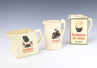 Three Guinness advertising water jugs - Guinness for Strength 13cm and 1 other 16cm and a triangular dito Guinness  as Usual, There's Nothing Like a Guinness 17cm  