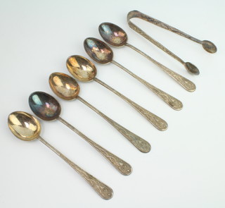 Six Chinese silver teaspoons and sugar tongs with dragon decoration, 168 grams 