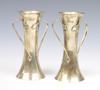 A pair of Art Nouveau waisted silver 3 handled vases London 1907, 360 grams, 15cm 